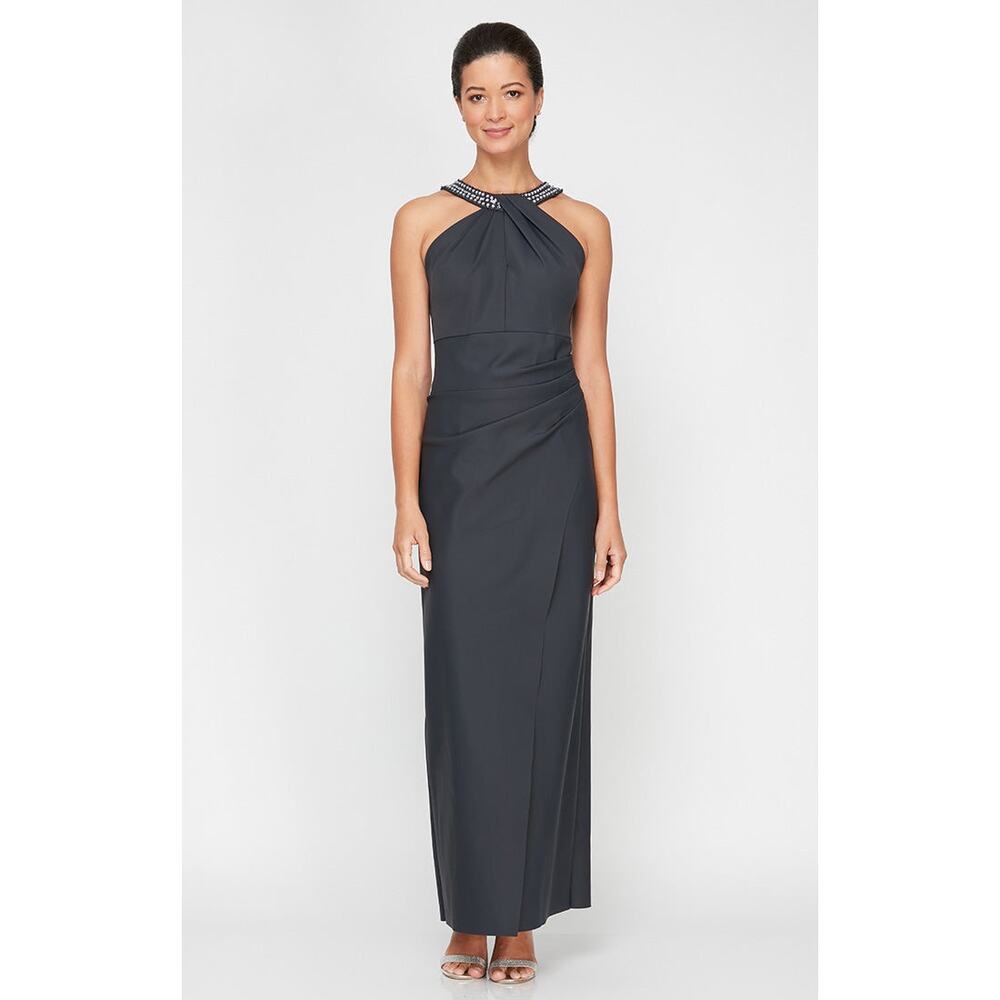 Alex Evenings Charcoal Halter Neck Beaded Column Gown Elegant Formal Dress New